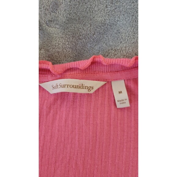 Women's Soft Surroundings Pink Button Down Ribbed Short Sleeve Shirt - Picture 3 of 4